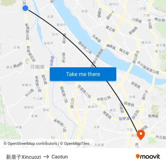 Xincuozi to Caotun map