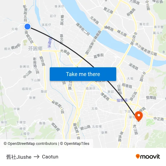 Jiushe to Caotun map