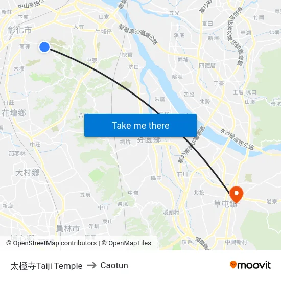Taiji Temple to Caotun map