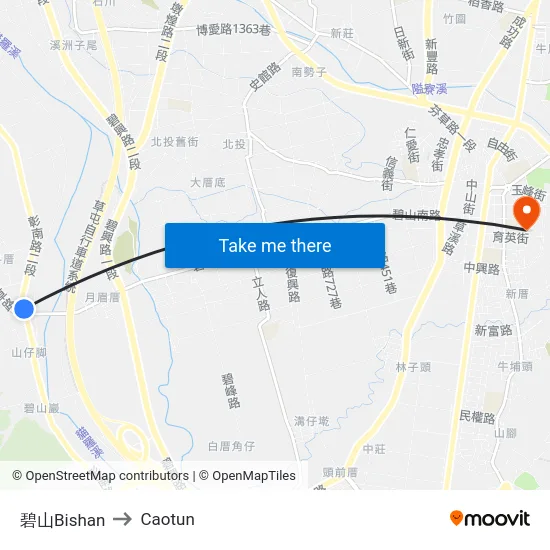 Bishan to Caotun map
