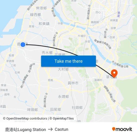 Lugang Station to Caotun map