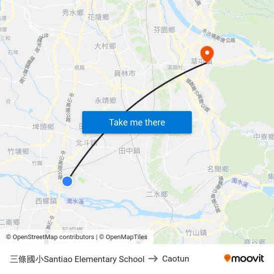 三條國小Santiao Elementary School to Caotun map