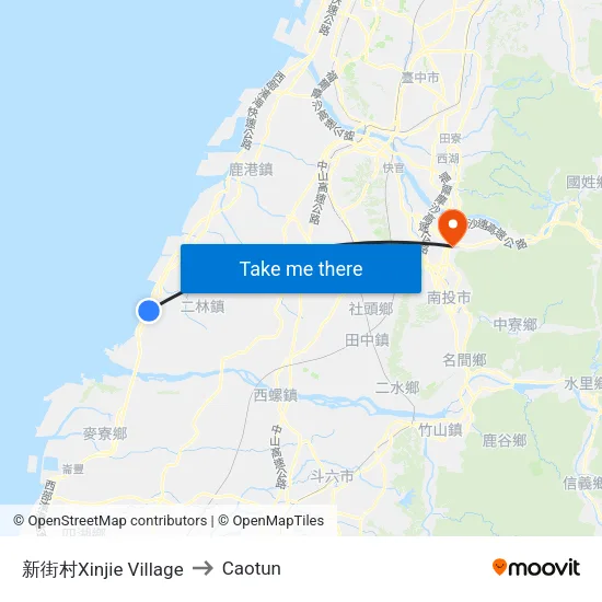 Xinjie Village to Caotun map