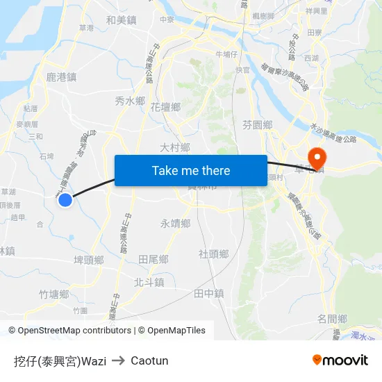 挖仔(泰興宮)Wazi to Caotun map