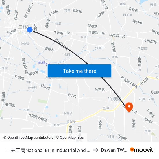 二林工商National Erlin Industrial  And Commercial Vocational High School to Dawan TW CHA Taiwan map