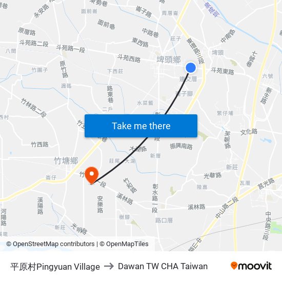 平原村Pingyuan Village to Dawan TW CHA Taiwan map