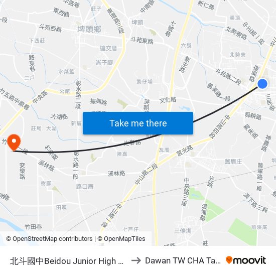 北斗國中Beidou Junior High School to Dawan TW CHA Taiwan map