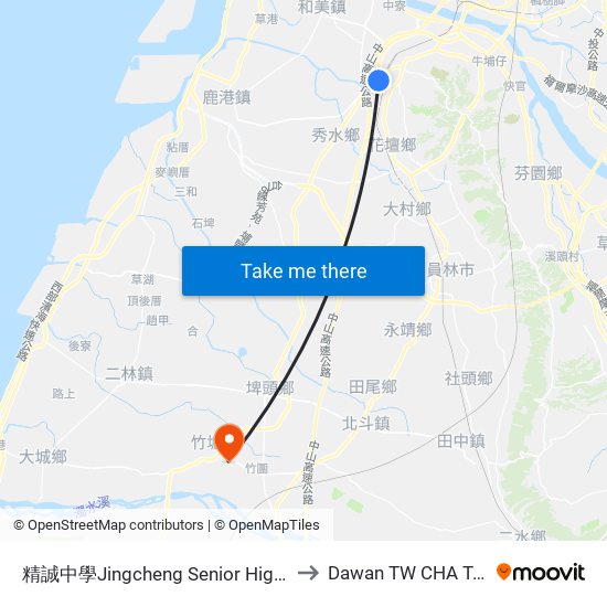精誠中學Jingcheng Senior High School to Dawan TW CHA Taiwan map