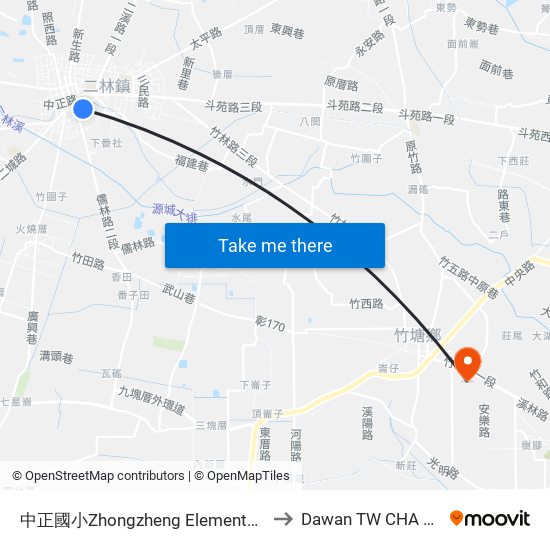 中正國小Zhongzheng Elementary School to Dawan TW CHA Taiwan map