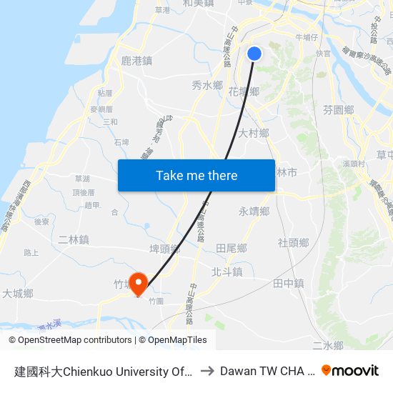 建國科大Chienkuo University Of Technology to Dawan TW CHA Taiwan map