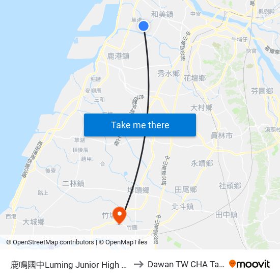 鹿鳴國中Luming Junior High School to Dawan TW CHA Taiwan map