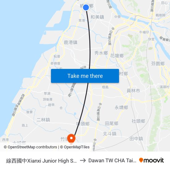 線西國中Xianxi Junior High School to Dawan TW CHA Taiwan map
