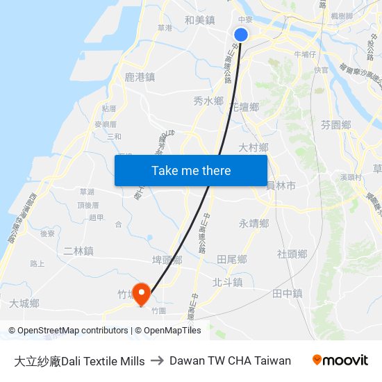 大立紗廠Dali Textile Mills to Dawan TW CHA Taiwan map