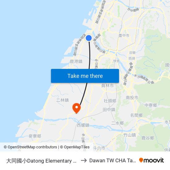 大同國小Datong Elementary School to Dawan TW CHA Taiwan map