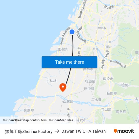 振輝工廠Zhenhui Factory to Dawan TW CHA Taiwan map