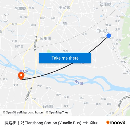 員客田中站Tianzhong  Station (Yuanlin Bus) to Xiluo map