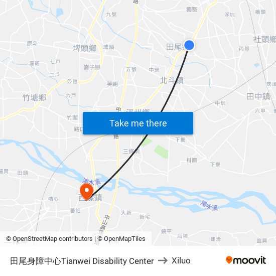 田尾身障中心Tianwei Disability Center to Xiluo map