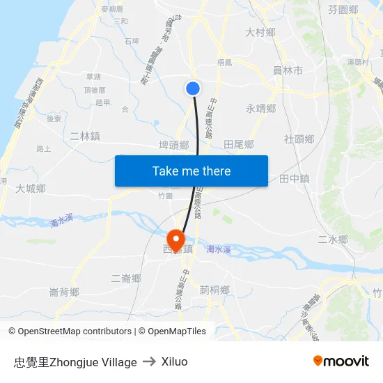 忠覺里Zhongjue Village to Xiluo map