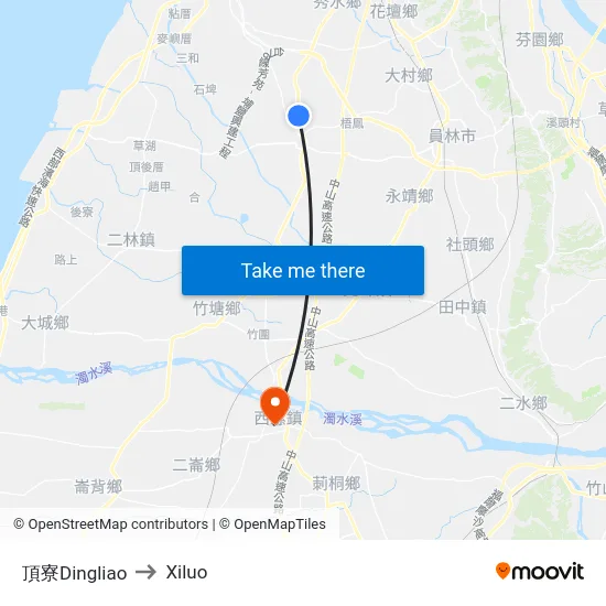頂寮Dingliao to Xiluo map