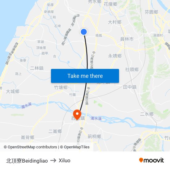 北頂寮Beidingliao to Xiluo map