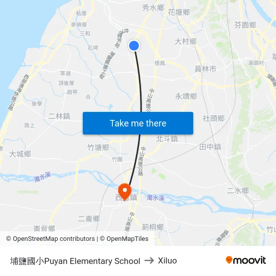Puyan Elementary School to Xiluo map