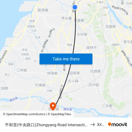 平和里(中央路口)Zhongyang Road Intersection to Xiluo map