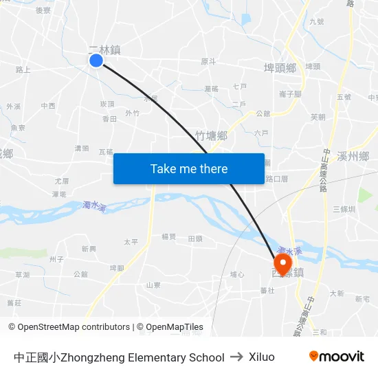 中正國小Zhongzheng Elementary School to Xiluo map
