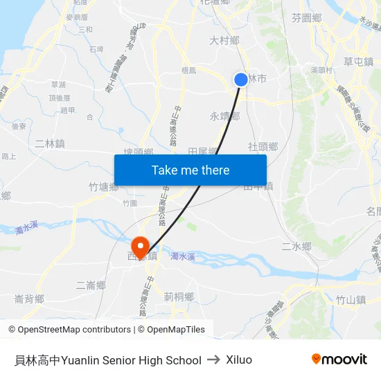員林高中Yuanlin Senior High School to Xiluo map