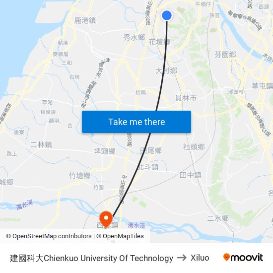 建國科大Chienkuo University Of Technology to Xiluo map