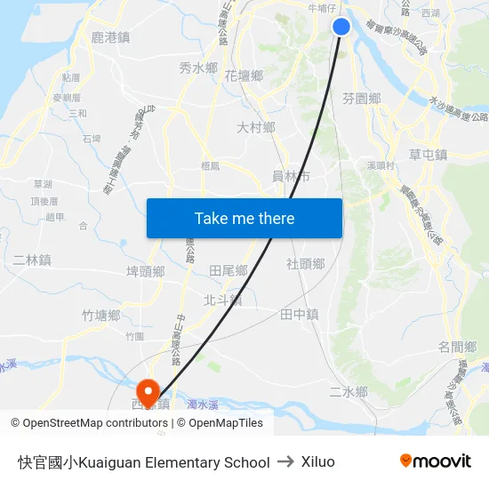 快官國小Kuaiguan Elementary School to Xiluo map