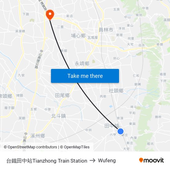 台鐵田中站Tianzhong Train Station to Wufeng map