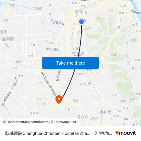 Changhua Christian Hospital to Wufeng map