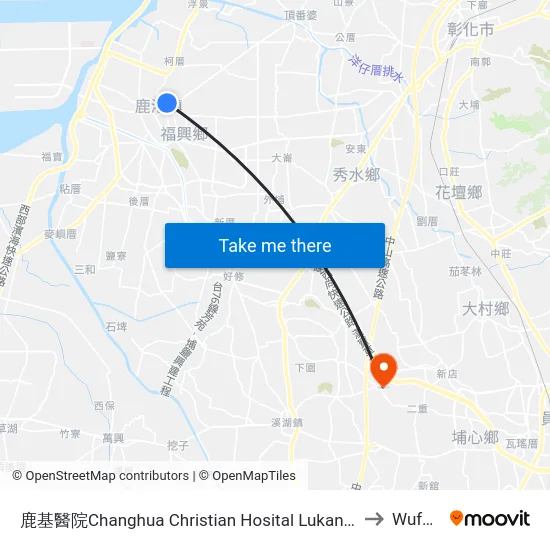 鹿基醫院Changhua Christian Hosital Lukang Branch to Wufeng map