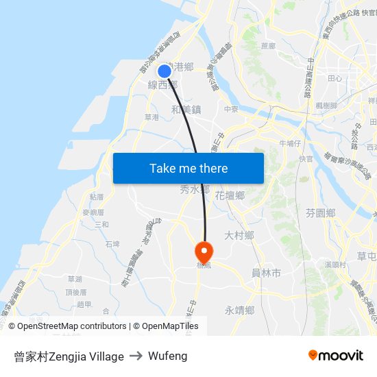 曾家村Zengjia Village to Wufeng map
