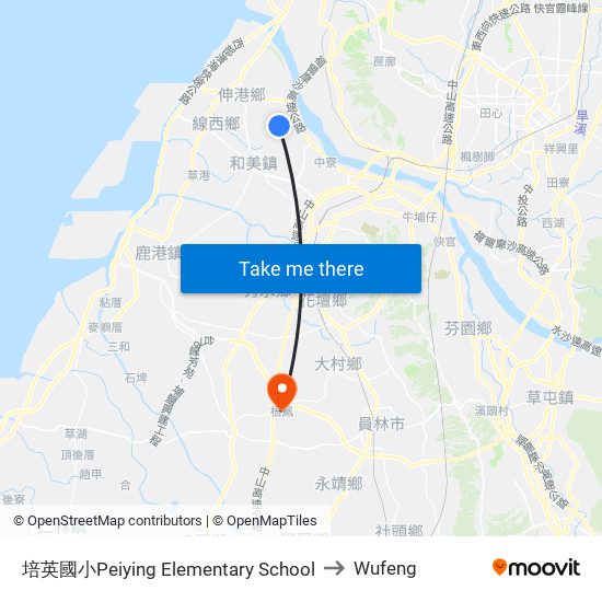 培英國小Peiying Elementary School to Wufeng map