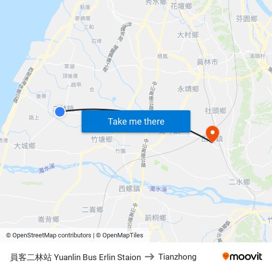 員客二林站 Yuanlin Bus Erlin Staion to Tianzhong map