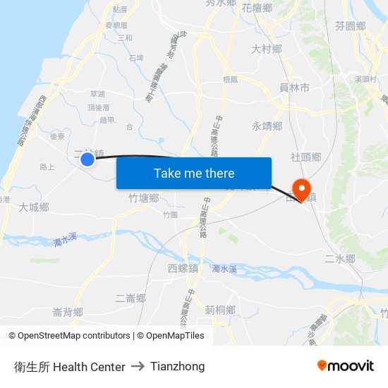 衛生所 Health Center to Tianzhong map