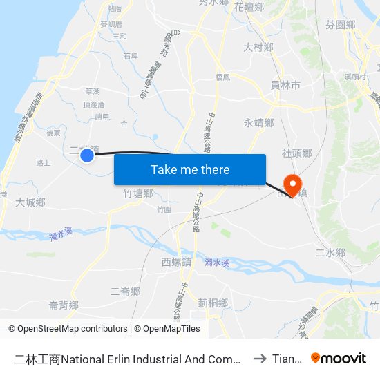 二林工商National Erlin Industrial  And Commercial Vocational High School to Tianzhong map