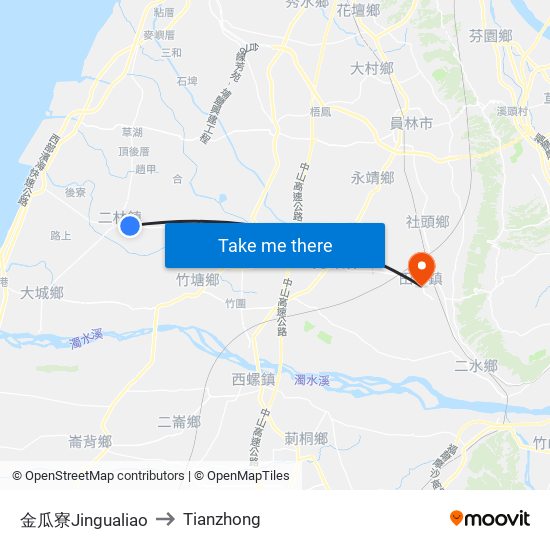 金瓜寮Jingualiao to Tianzhong map