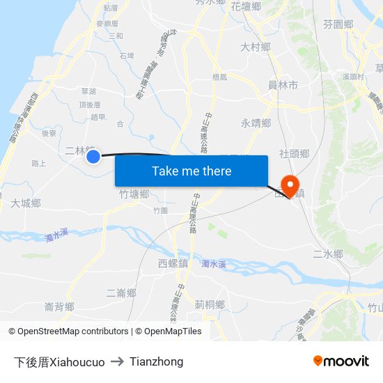 下後厝Xiahoucuo to Tianzhong map