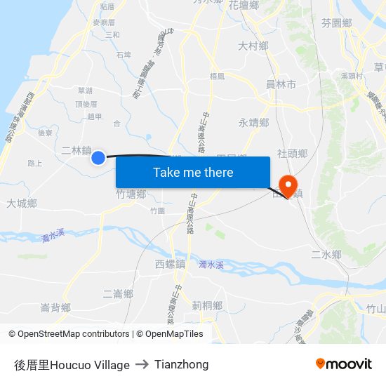 後厝里Houcuo Village to Tianzhong map