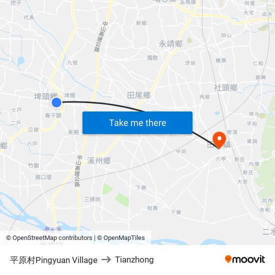 平原村Pingyuan Village to Tianzhong map