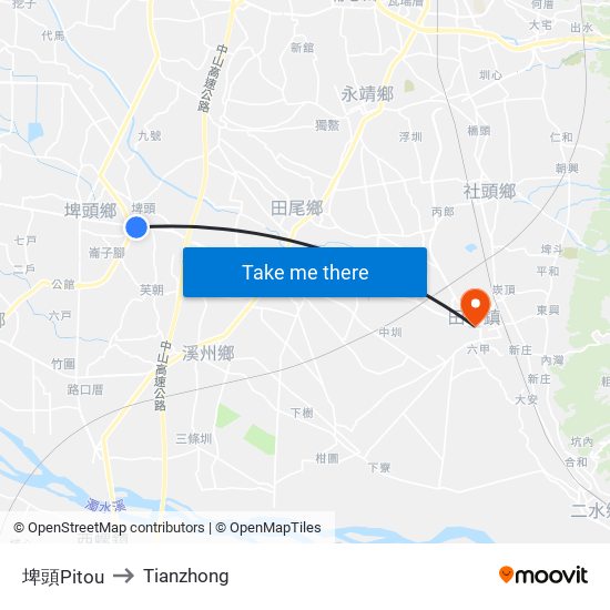 埤頭Pitou to Tianzhong map