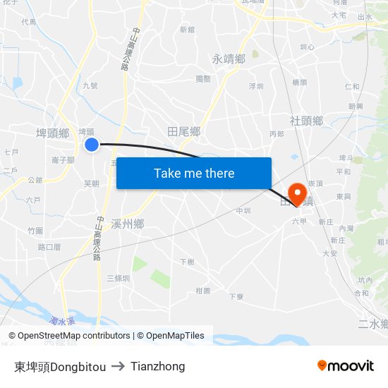 東埤頭Dongbitou to Tianzhong map
