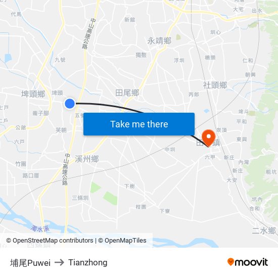埔尾Puwei to Tianzhong map