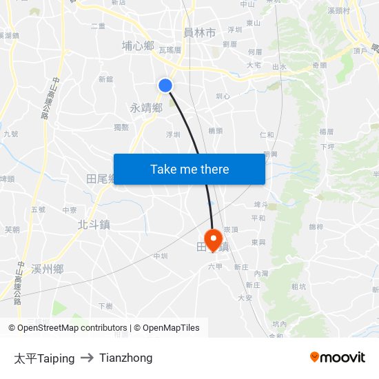 太平Taiping to Tianzhong map
