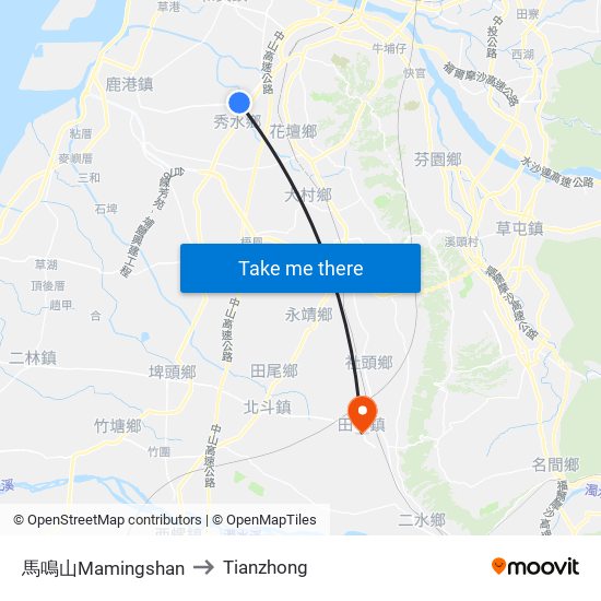 馬鳴山Mamingshan to Tianzhong map