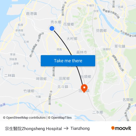 宗生醫院Zhongsheng Hospital to Tianzhong map