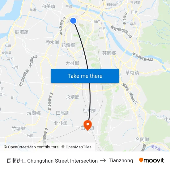 Changshun Street Intersection to Tianzhong map