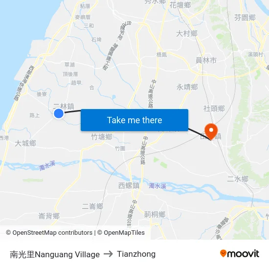 Nanguang Village to Tianzhong map